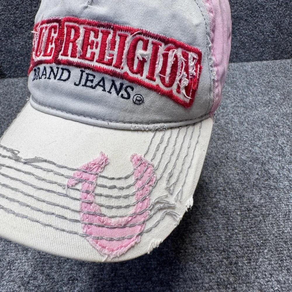 True Religion Baseball Cap Unisex OS Pink Grey Distressed Y2K Streetwear Hat